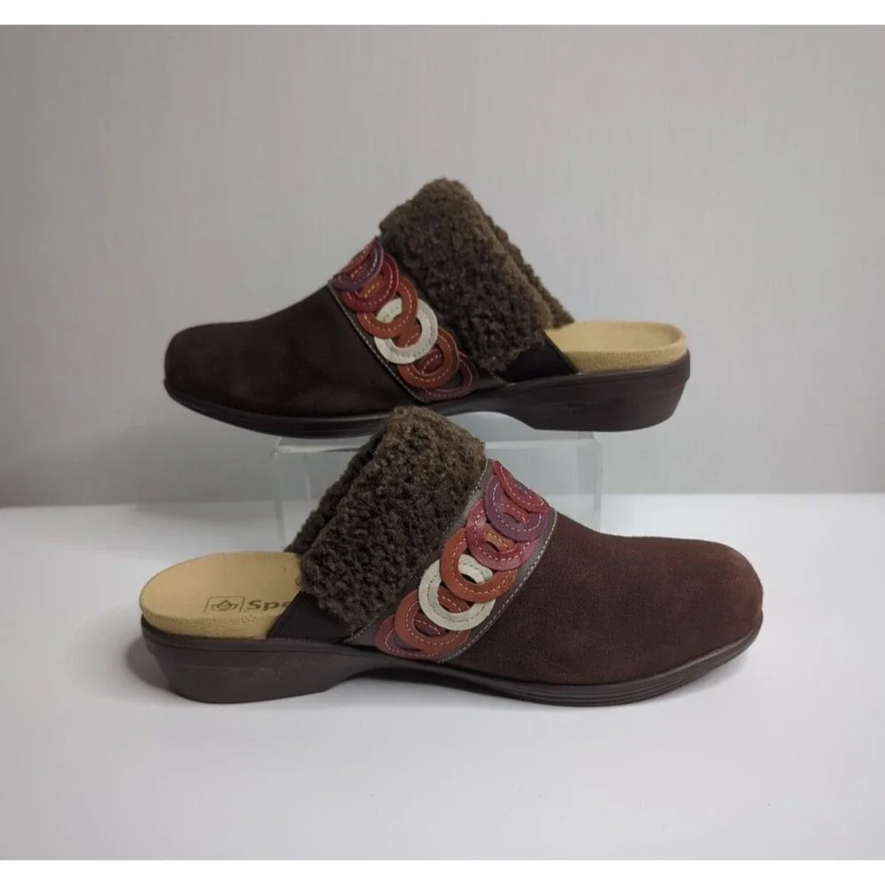 NWOT Spenco Sz 8.5 Women's Slides Clogs Wedge Heel Suede Brown Fur Lined Upper